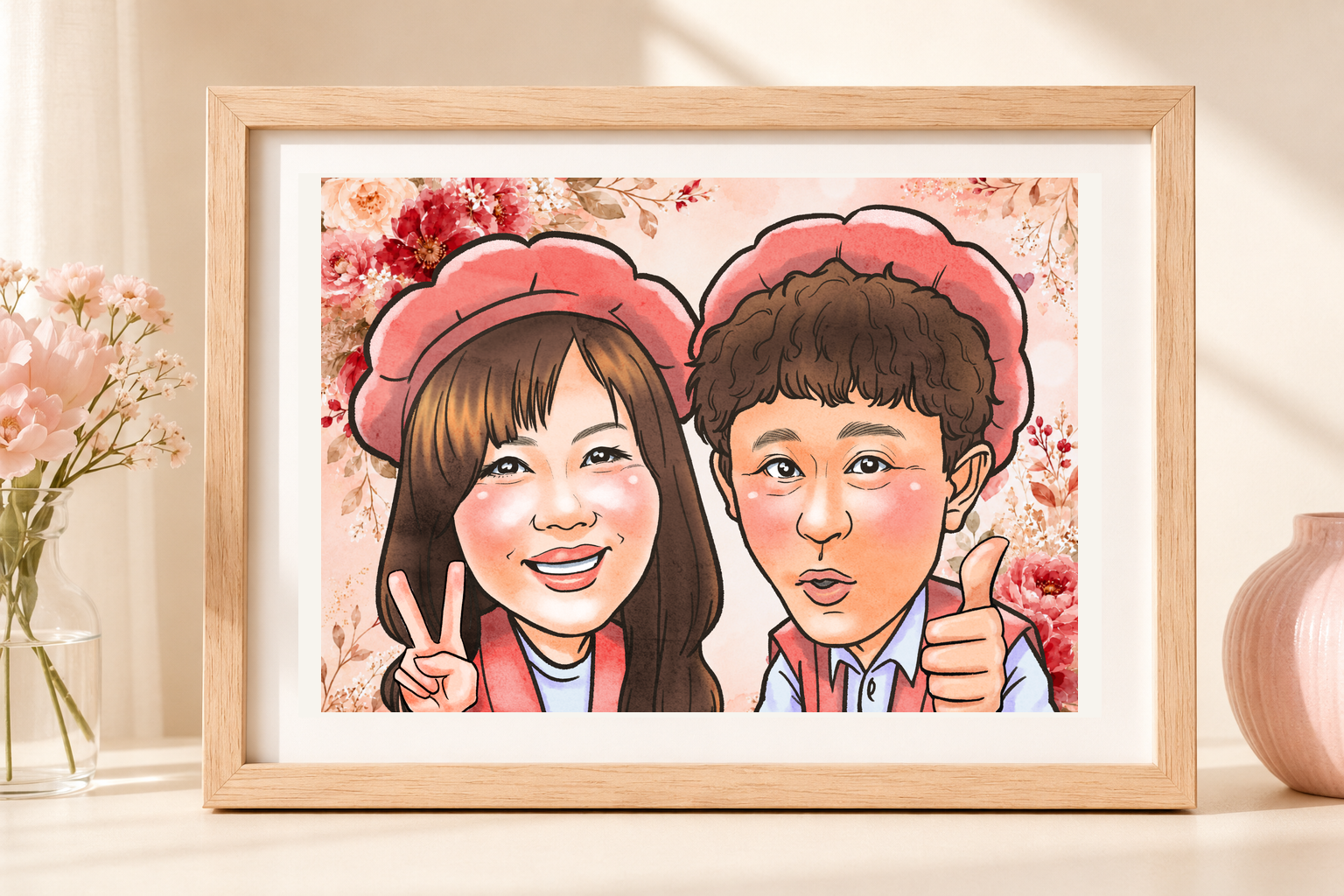 赤い花に囲まれたおふたりの似顔絵を額装した作品